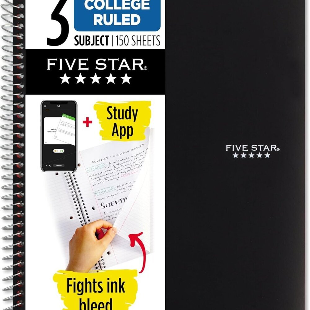 Spiral Notebook + Study App, 3 Subject, College Ruled Paper, Fights Ink Bleed, W